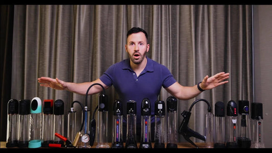Baseem with a row of the penis pumps he bought and tested