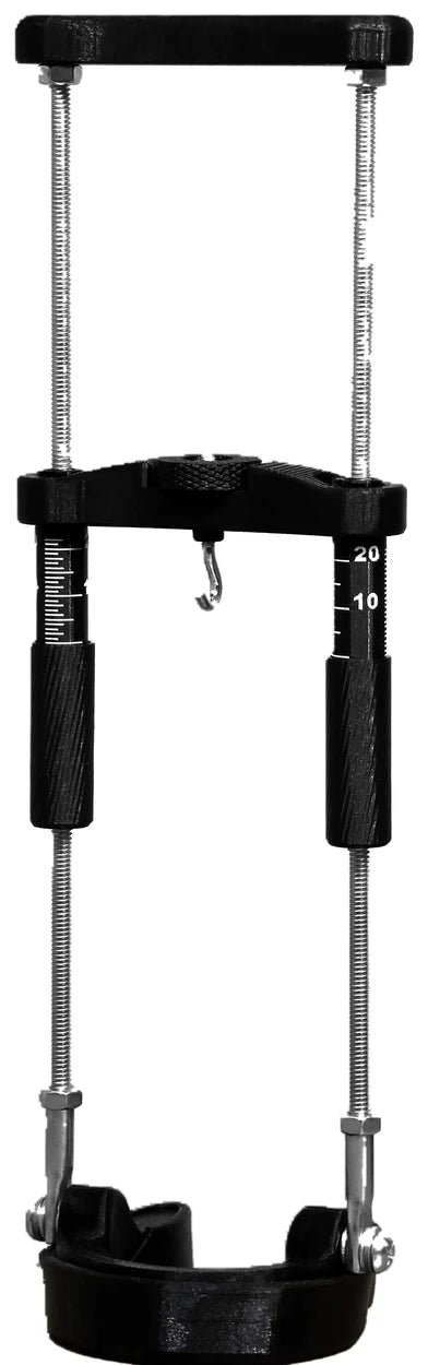 HPE HOG Stretcher extender: a black plastic frame on threaded steel rods with a printed lb scale