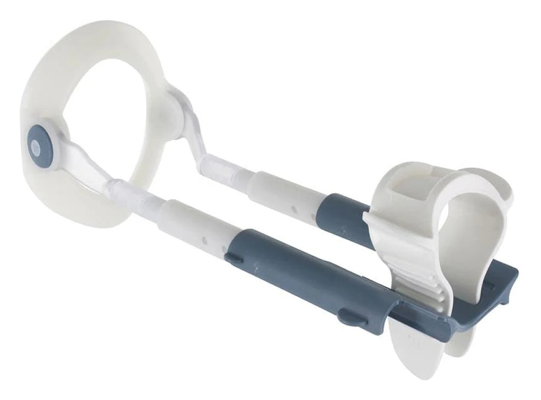 MaleEdge extender: a curved white frame with telescopic traction arms and a strap front piece
