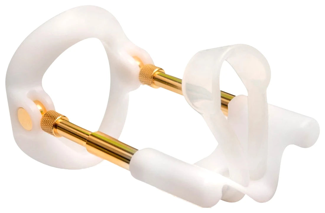 Andropenis Gold extender: a white base ring with gold coated telescopic rods and a silicone band support