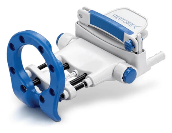 RestoreX penile traction therapy device: a blue pelvic ring, clamp and extension rods