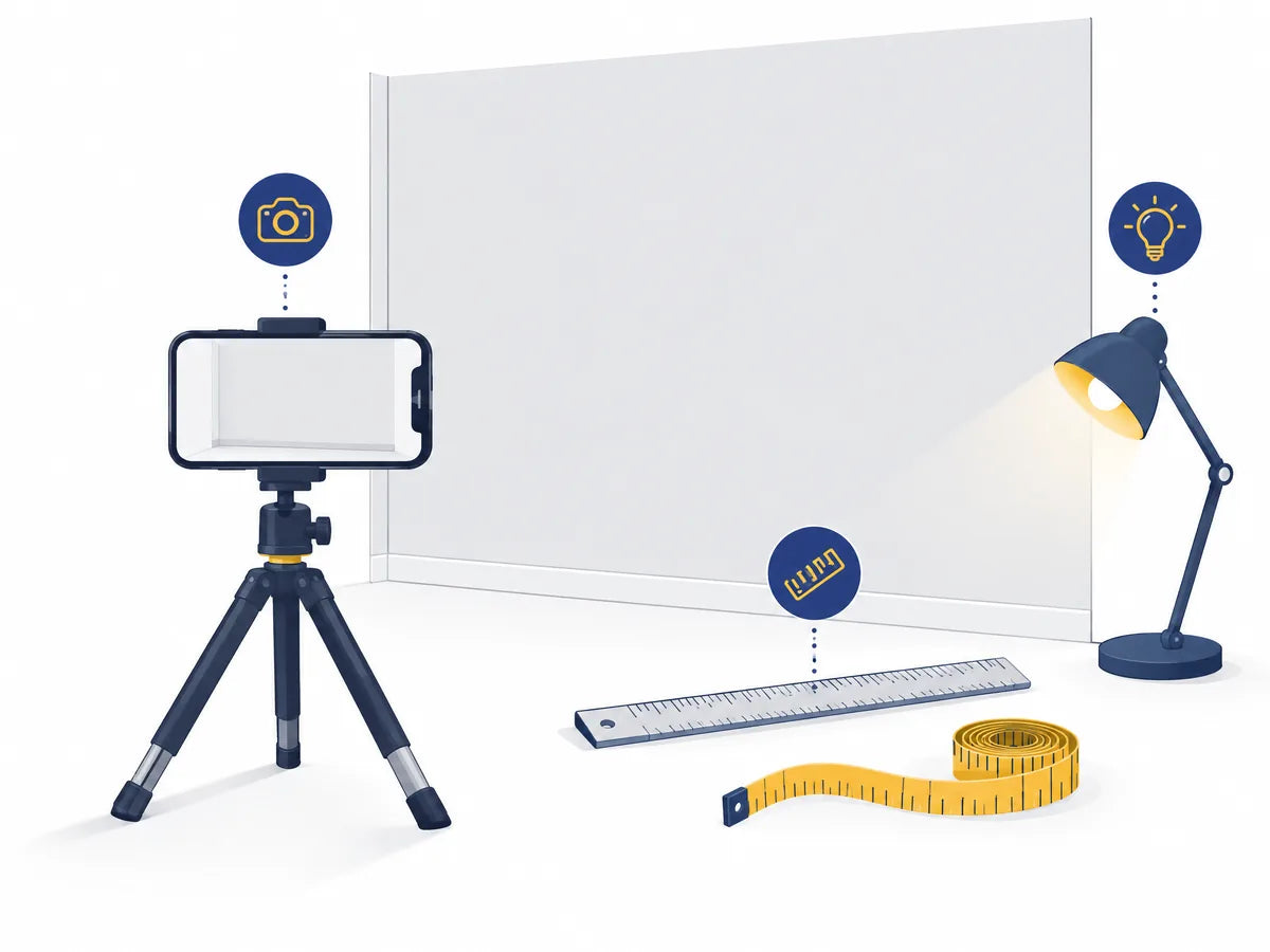 Photo setup for before and after photos: phone on a tripod, plain wall, ruler, tape and a lamp