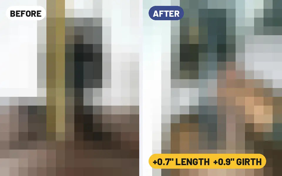 Keegan J. penis extender before and after photo, +0.7 inches length and +0.9 inches girth, 3 months (blurred preview)