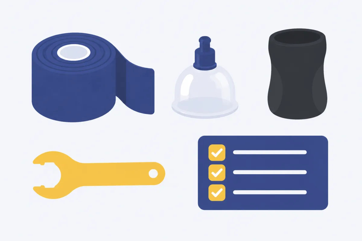 Flat lay of tape, a vacuum cup, a silicone sleeve and a checklist for fixing all day stretcher problems