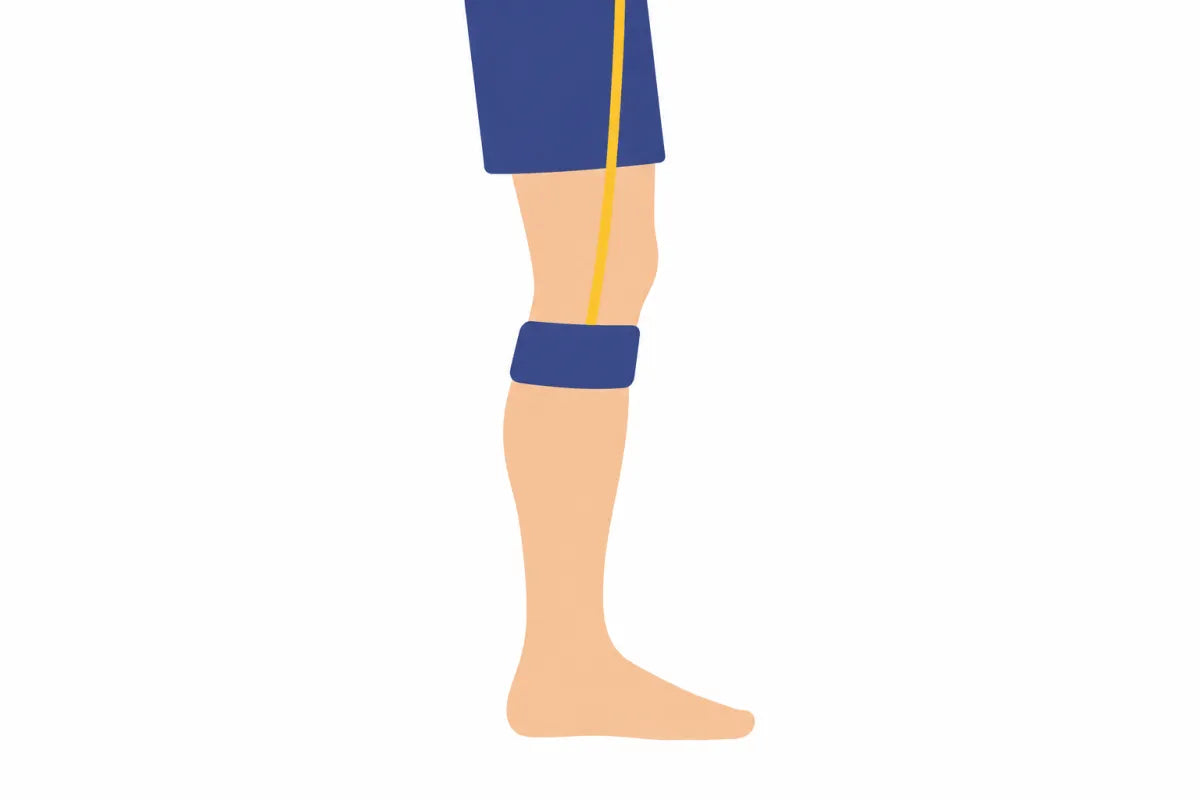 Diagram of an all day stretcher band worn just below the knee with the cord running up