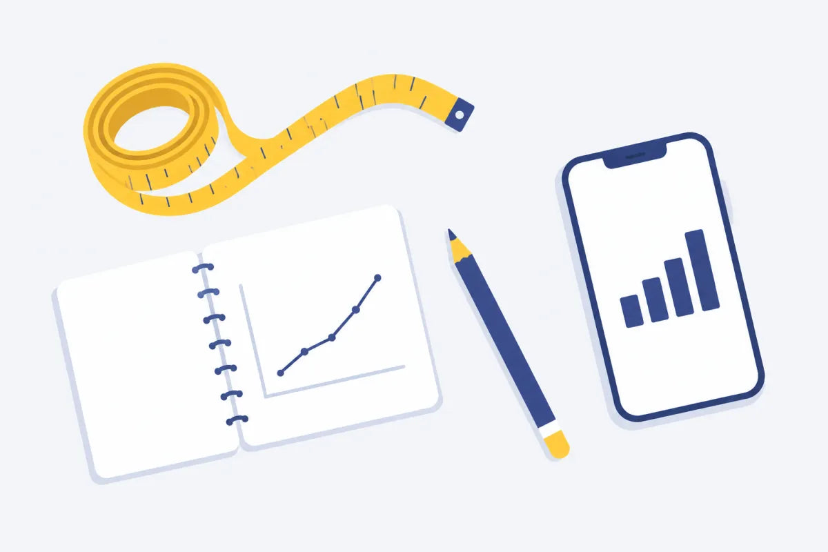 A measuring tape, notebook and progress chart for tracking real penis pump results on a rest day