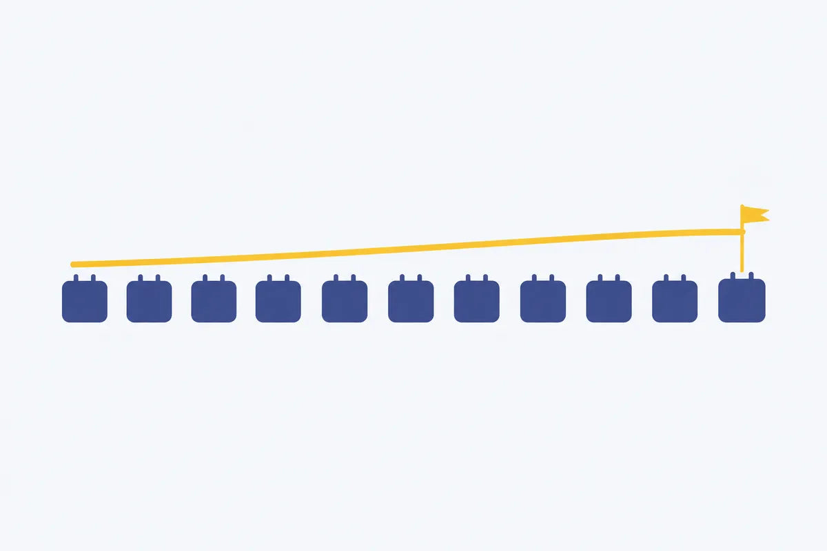 A calendar of twelve months with a slowly rising line, showing that girth gains take months
