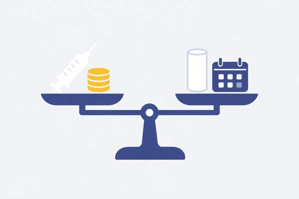 A balance scale weighing a syringe and coins against a cylinder and a calendar: fast and costly versus slow and cheap