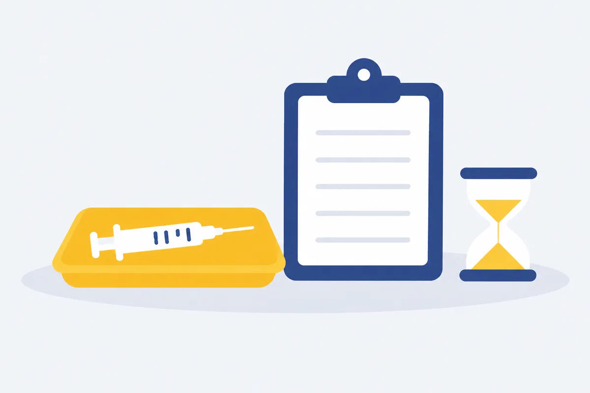 A syringe, a clipboard and an hourglass, standing for girth fillers that work fast but fade over time