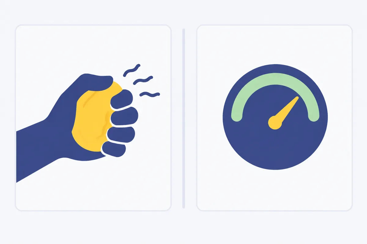 A hand squeezing a ball next to a pressure dial with a marked safe zone: a device shows your force, a hand does not