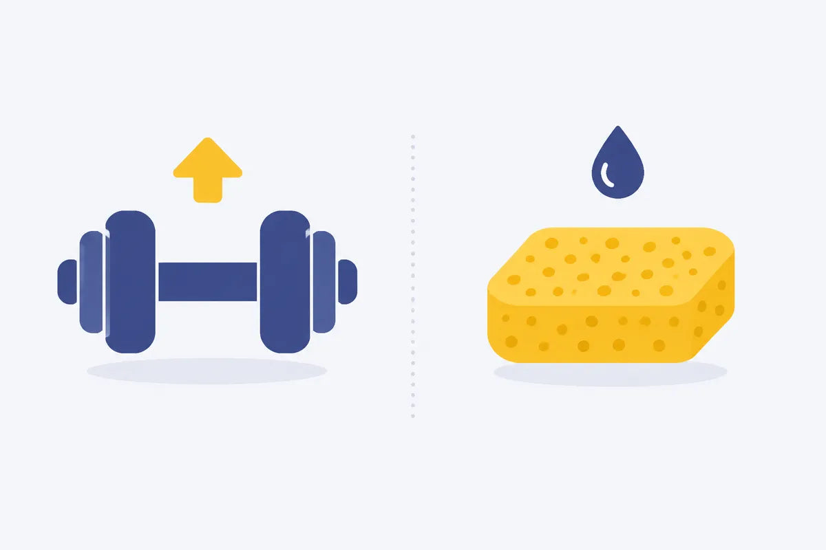 A dumbbell next to a sponge: the penis is spongy tissue that fills with blood, not a muscle that grows from lifting