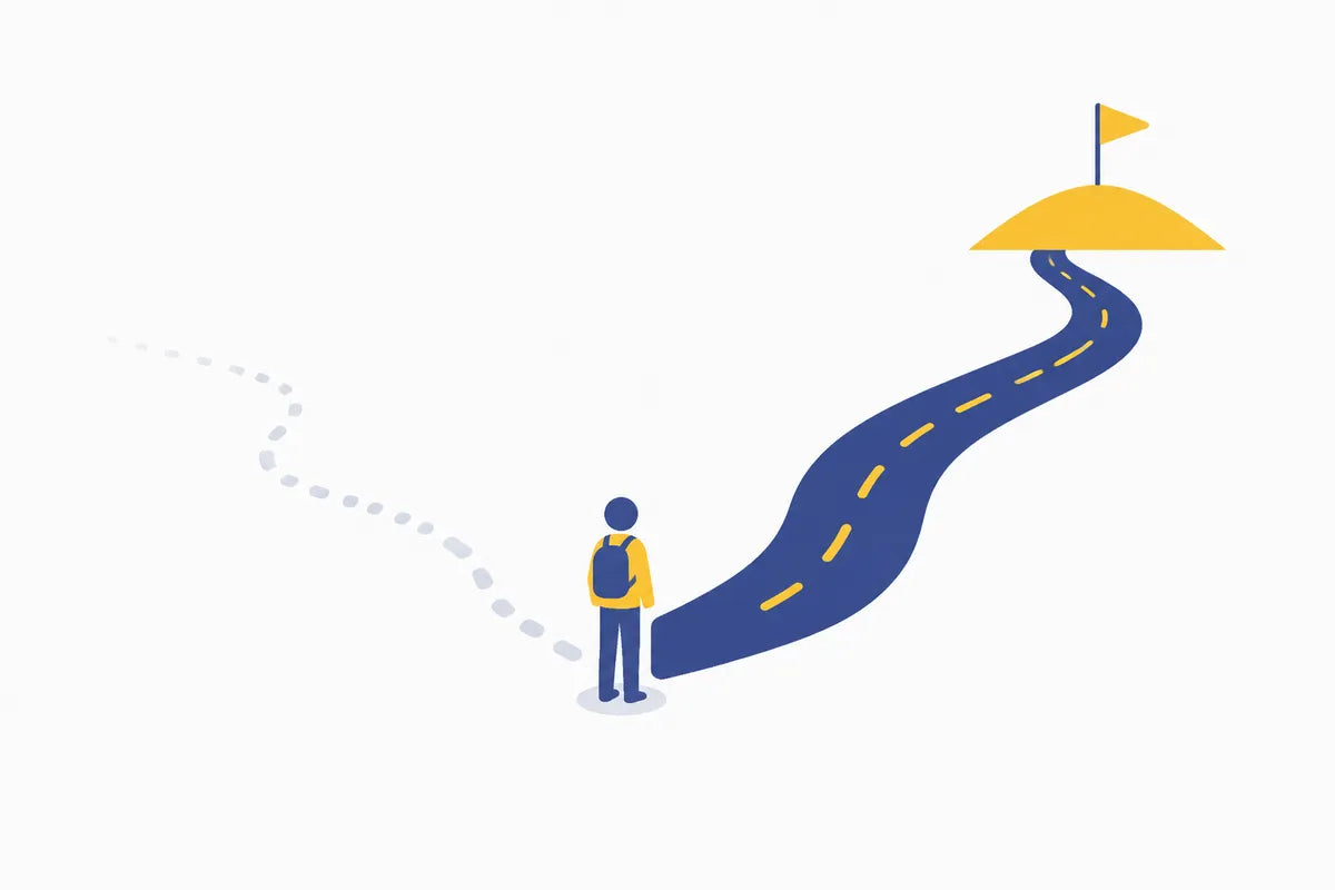 A path that splits: a rough trail that fades out and a smooth road to a flag, like men moving from hand exercises to a device