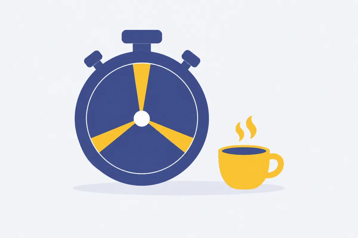 Stopwatch with short yellow rest blocks between longer navy blocks, showing a break every 30 minutes