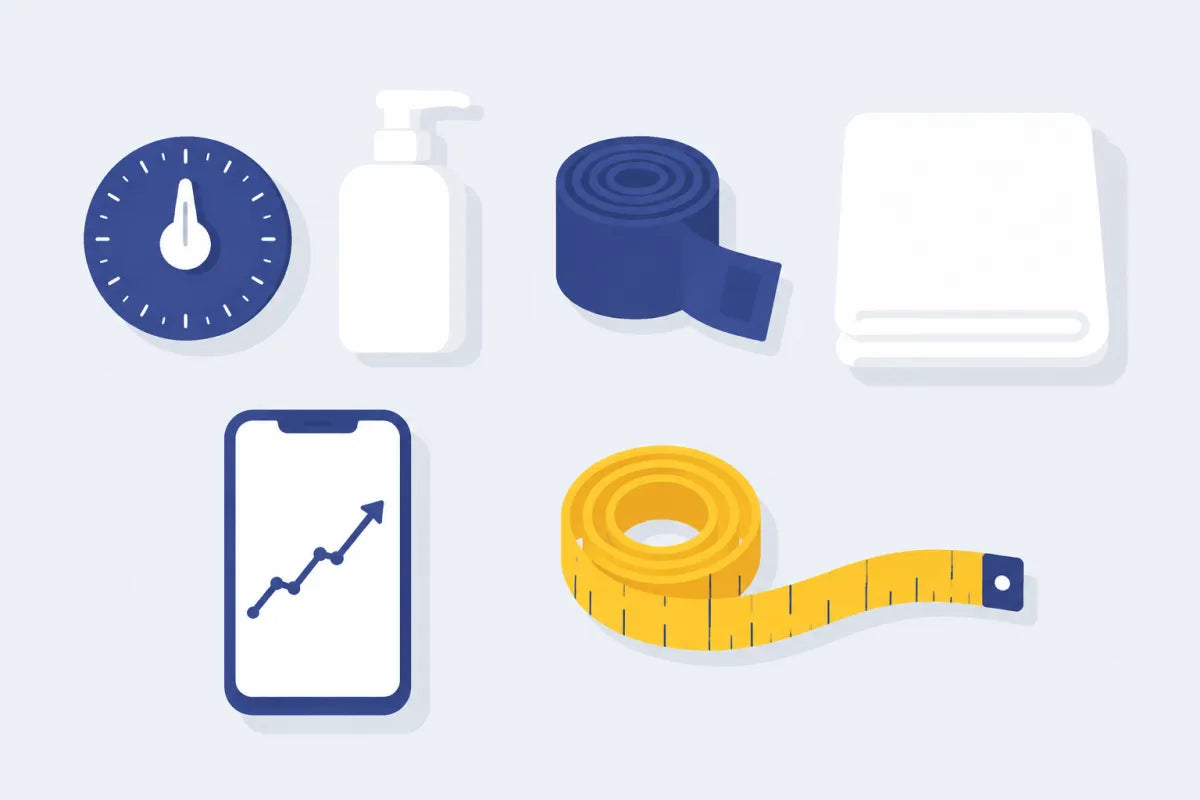Flat lay of what you need before a penis extender session: a timer, mild soap, cohesive tape, a towel, a tracking app and a tape measure