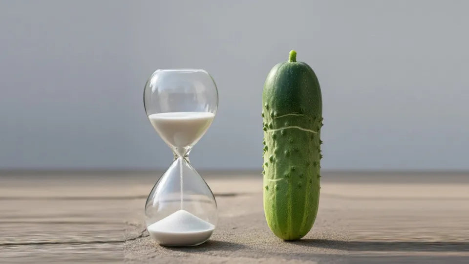 Hourglass next to a cucumber, Baseem video on how long penis enlargement takes