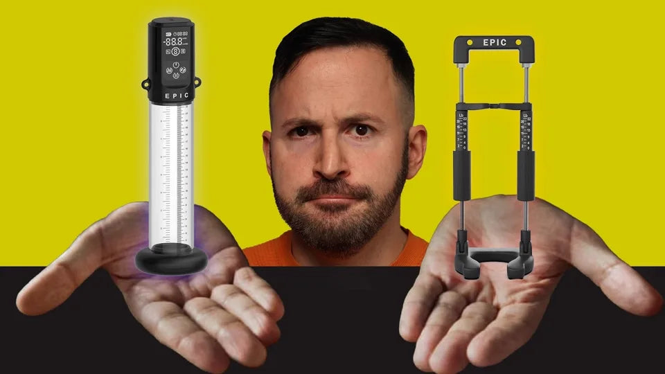 Baseem holding a penis pump and an extender side by side