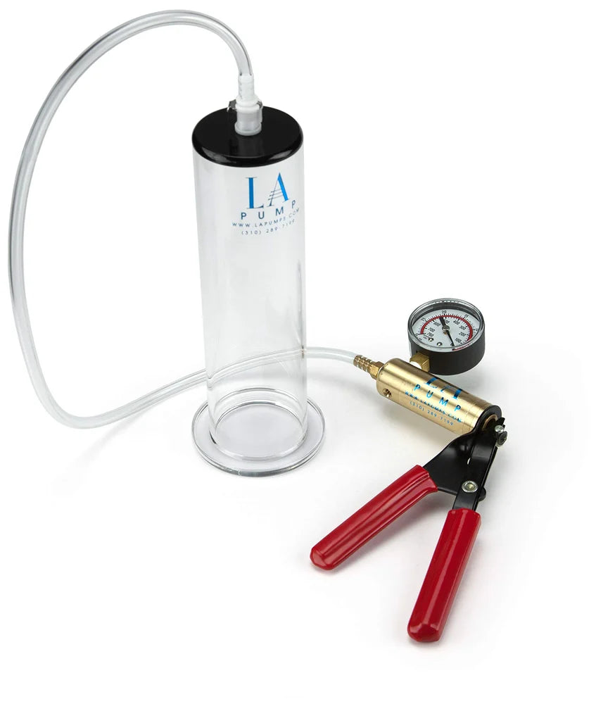 LA Pump: a brass hand pump with a dial gauge, joined to a separate acrylic cylinder by clear vinyl tubing