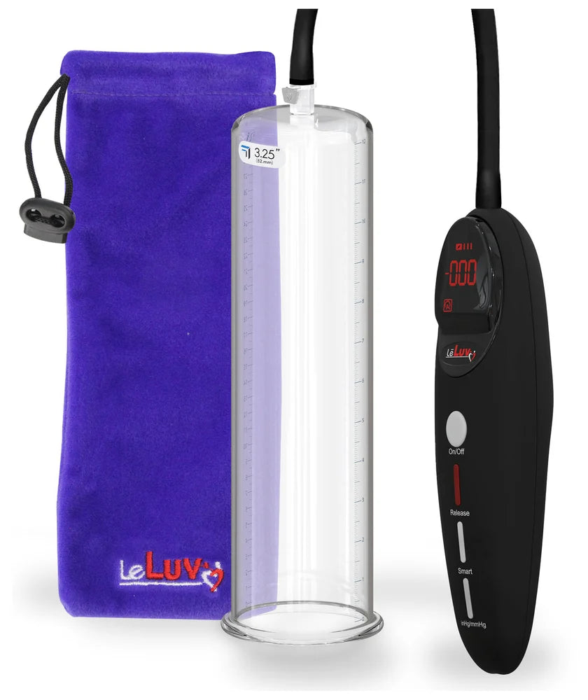 LeLuv Magna PRO+: a handheld smart handle joined to a separate acrylic cylinder by a hose, with a storage pouch
