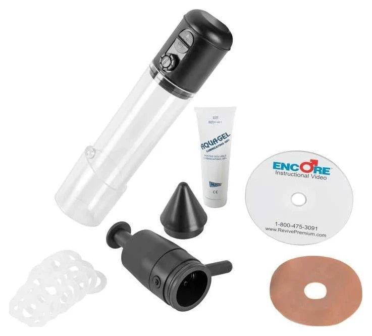 Encore Deluxe kit: a clear cylinder with battery and manual pump heads, tension rings, a loading cone and lubricant