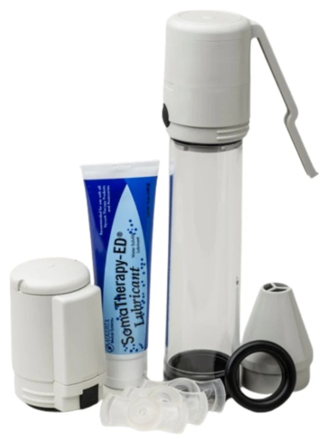 SOMAerect kit: a cylinder with two interchangeable pump heads, tension rings, a loading cone and lubricant