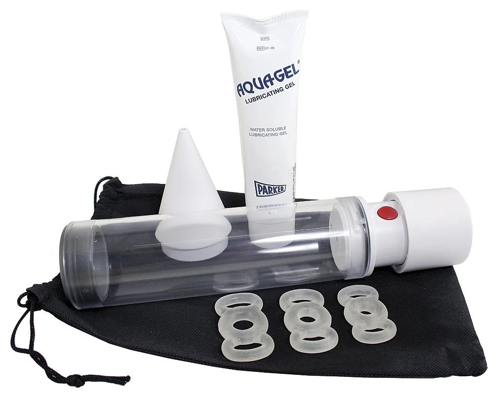 Pos-T-Vac kit: a clear cylinder with a battery pump head, tension rings, a loading cone, lubricant and a pouch