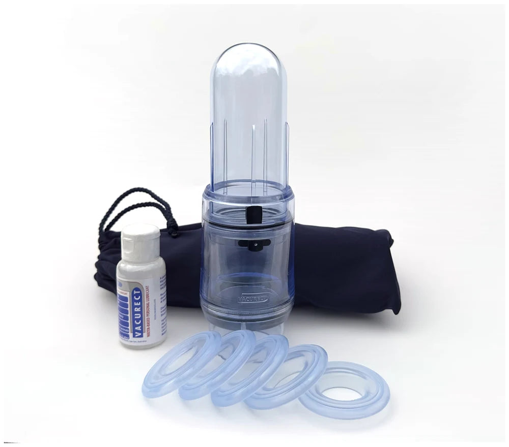 Vacurect: a one-piece manual vacuum chamber with five silicone tension rings, lubricant and a pouch
