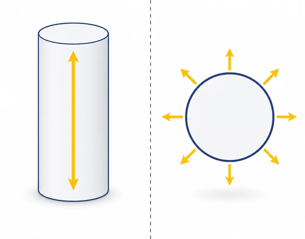 Diagram contrasting a single lengthwise force arrow with arrows radiating outward around a circumference