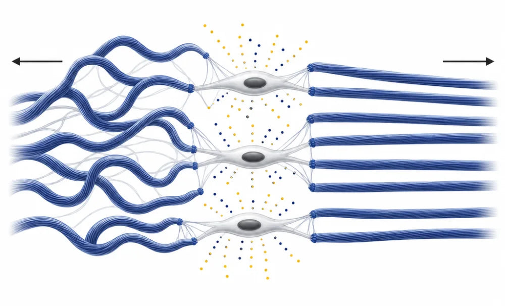Collagen fibres straightening under tension with cells anchored between them