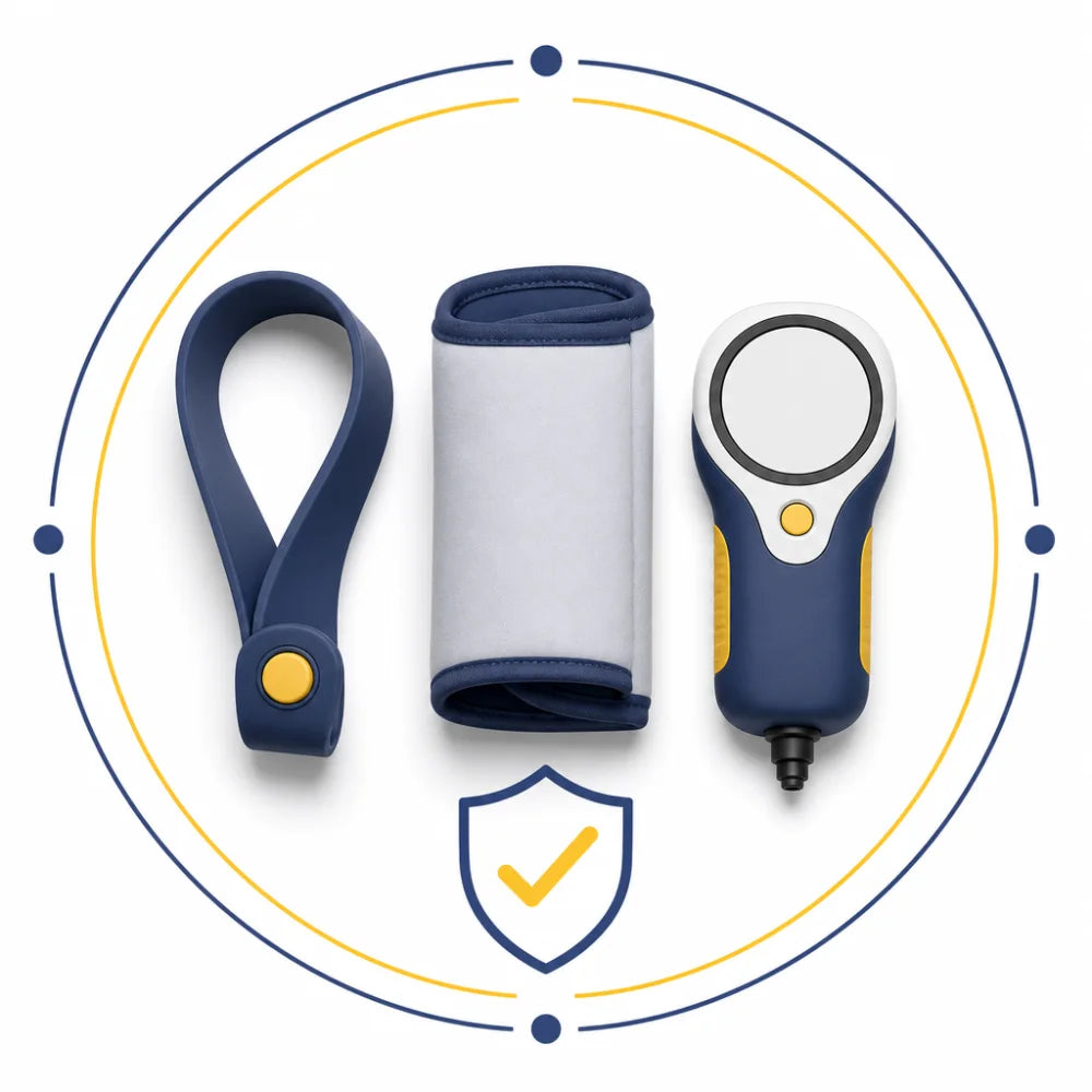 A silicone strap, a padded comfort sleeve and a tension gauge laid out beside a shield icon